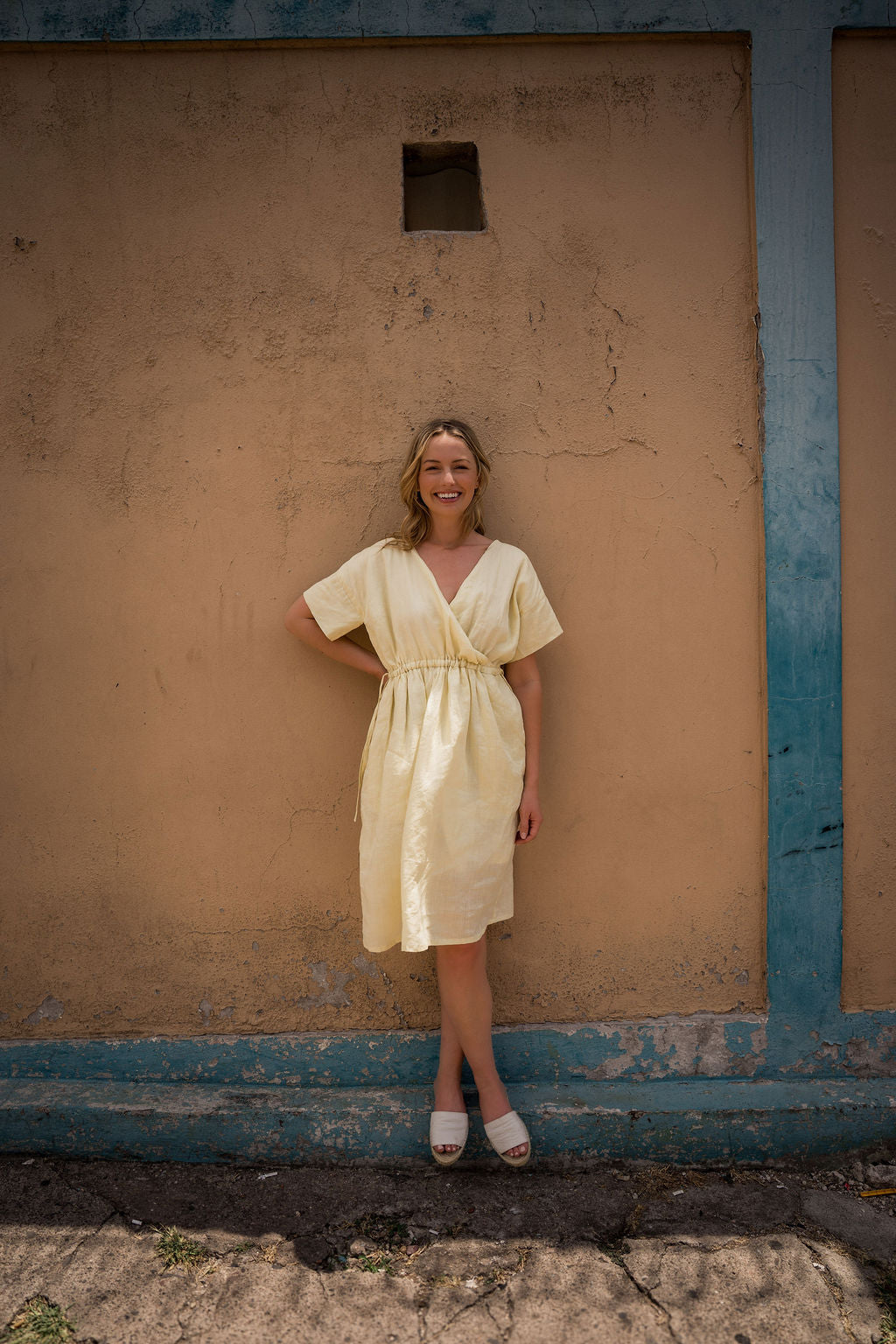 Rose Drawstring Dress in Pale Yellow Linen