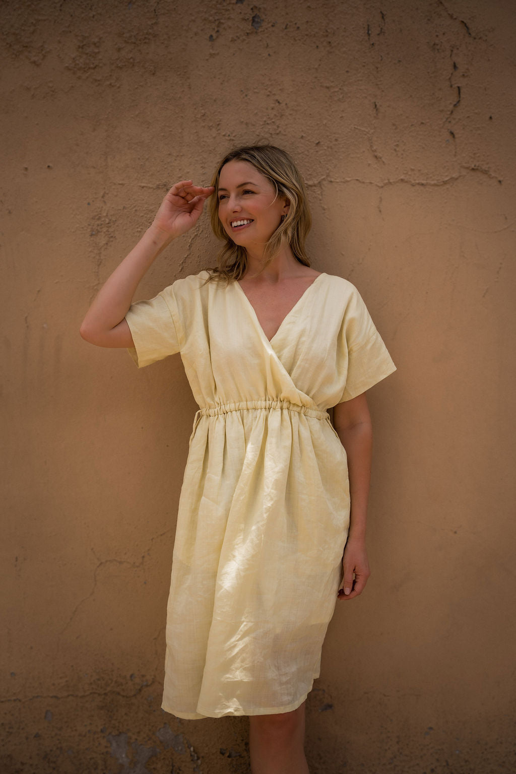Rose Drawstring Dress in Pale Yellow Linen