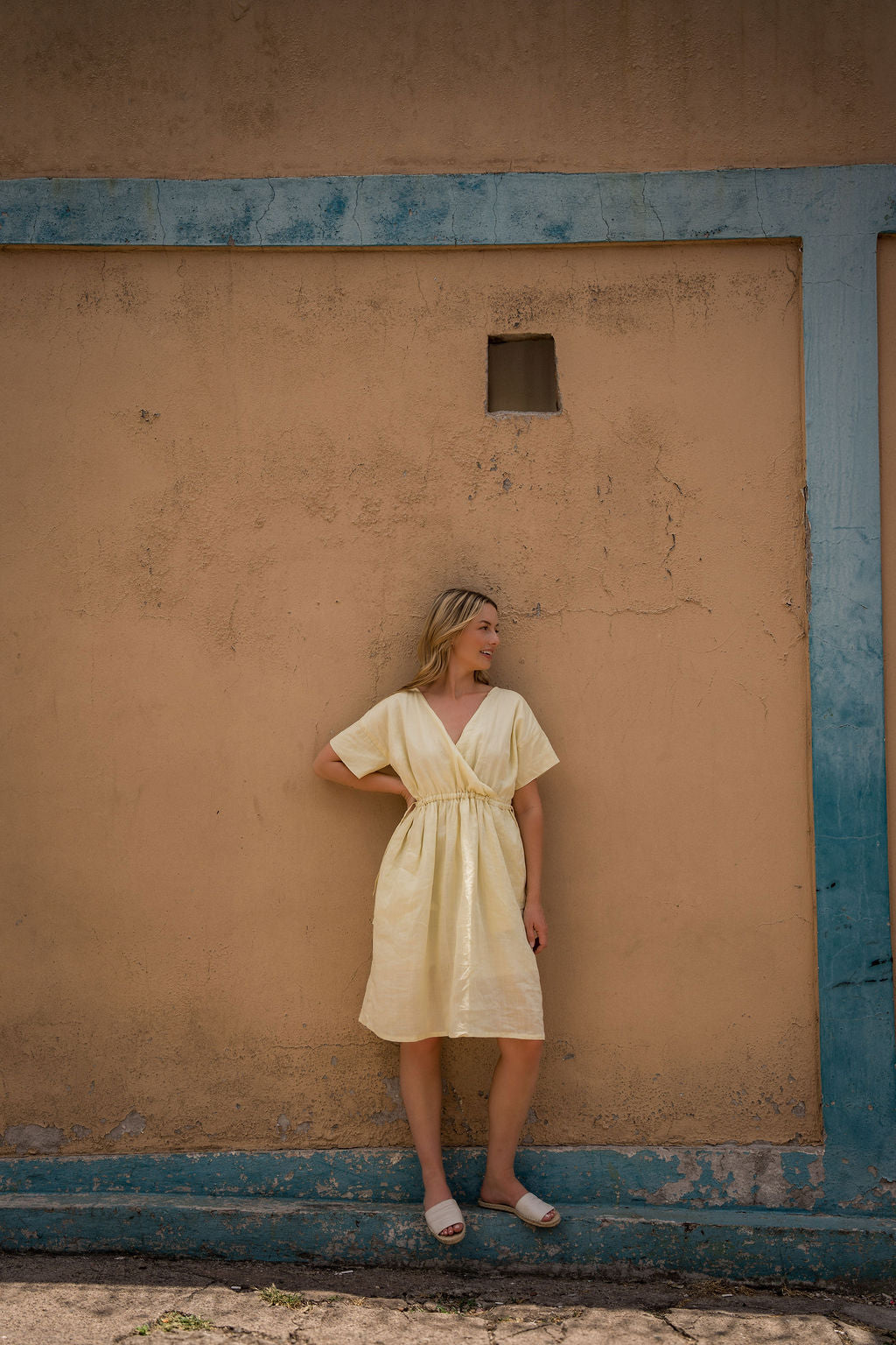 Rose Drawstring Dress in Pale Yellow Linen
