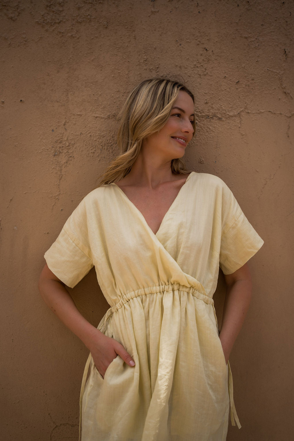 Rose Drawstring Dress in Pale Yellow Linen