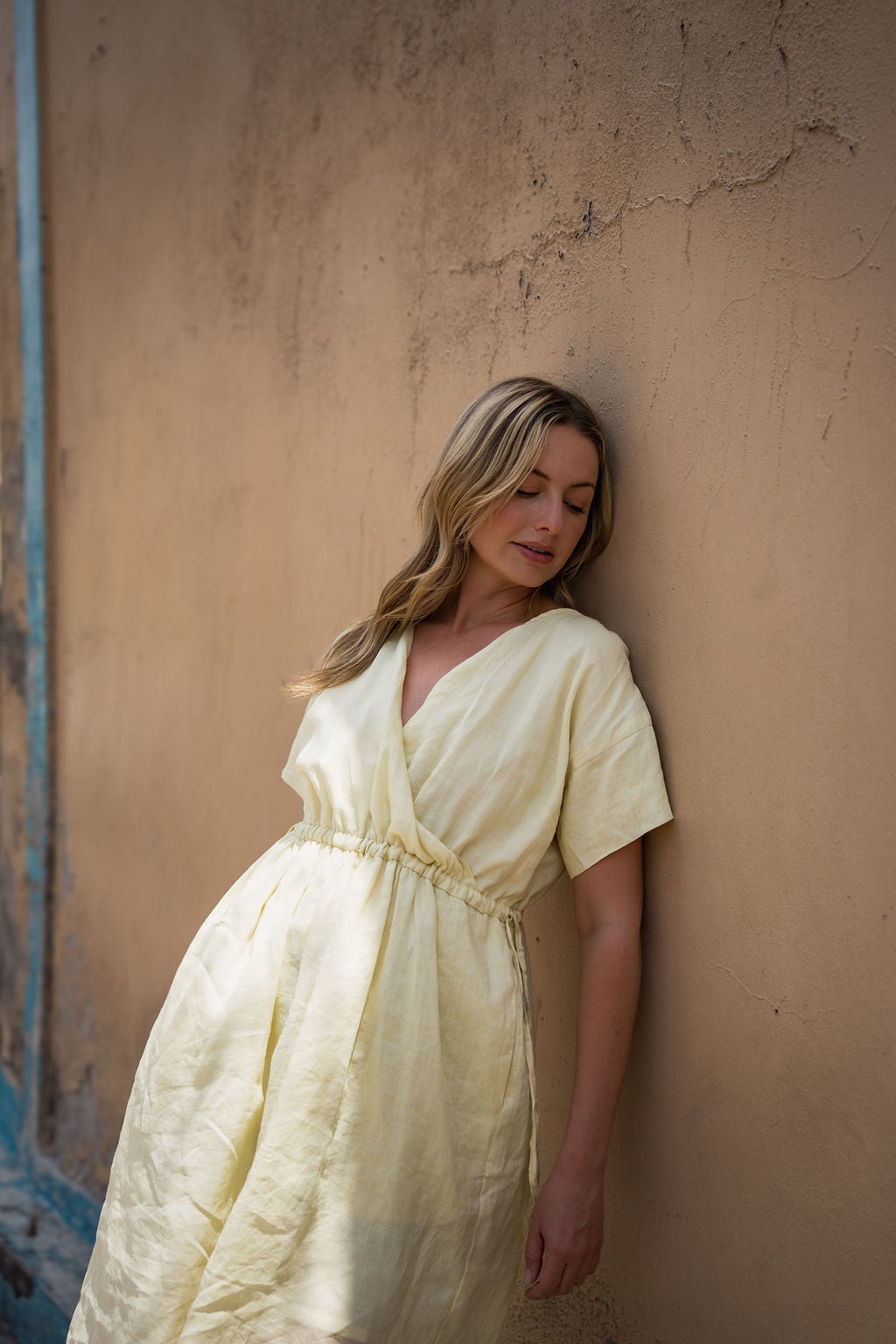 Rose Drawstring Dress in Pale Yellow Linen