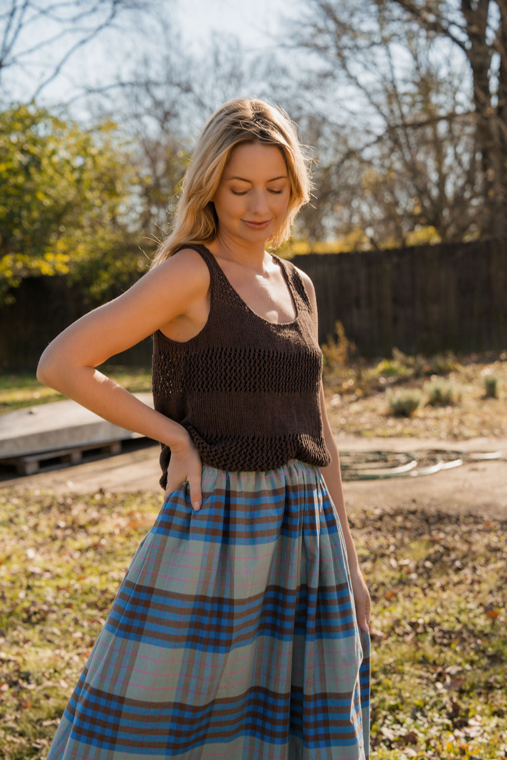 Lindy Hand Knit Cotton Lace Tank in Mauve Brown