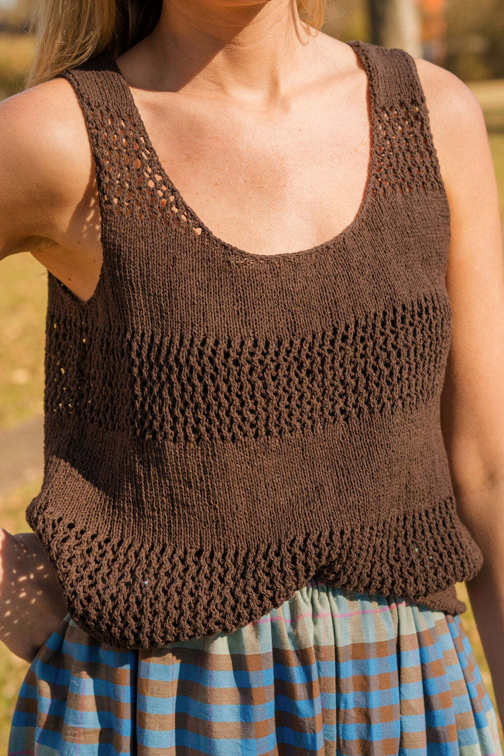 Lindy Hand Knit Cotton Lace Tank in Mauve Brown