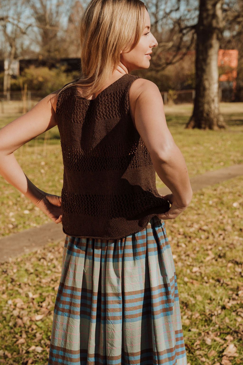 Lindy Hand Knit Cotton Lace Tank in Mauve Brown