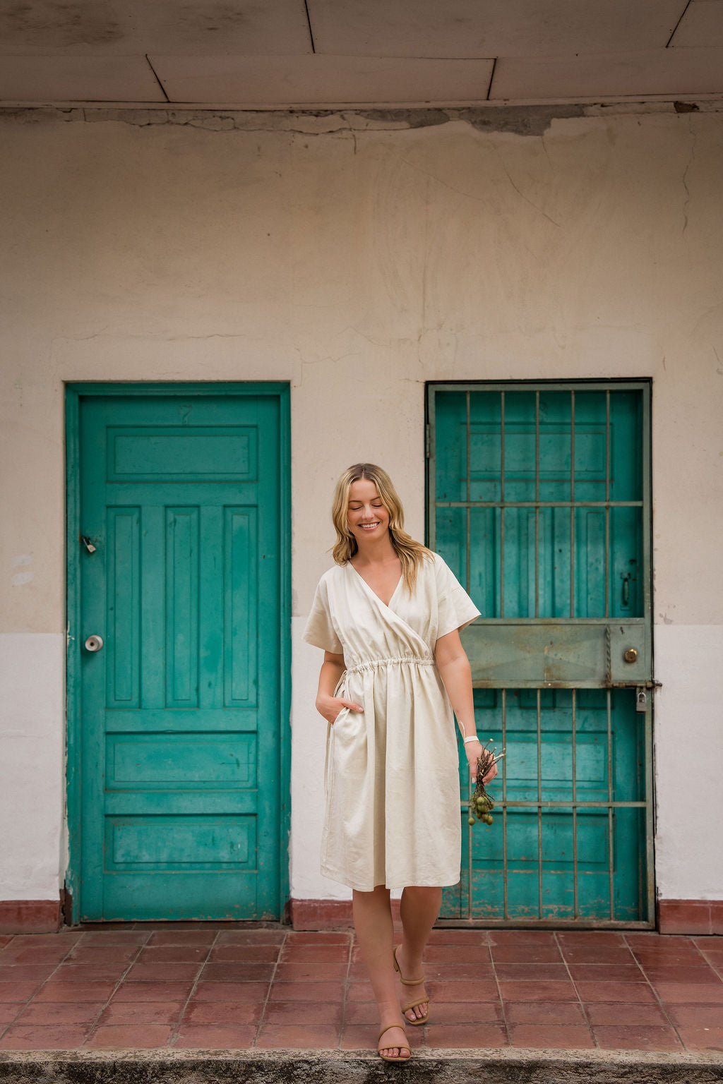 Rose Drawstring Dress in Cream Linen