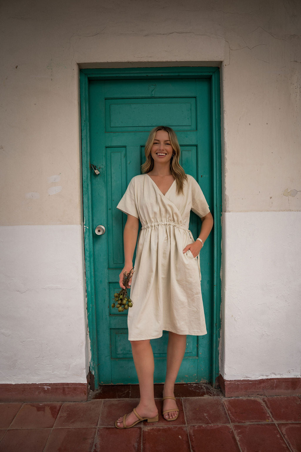 Rose Drawstring Dress in Cream Linen