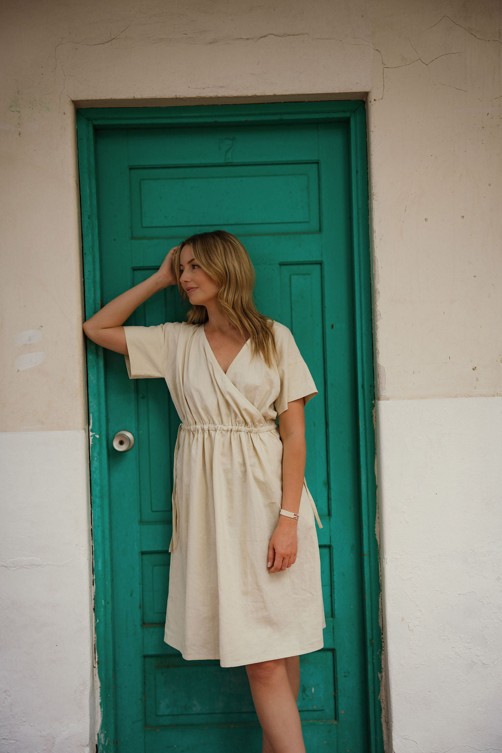 Rose Drawstring Dress in Cream Linen