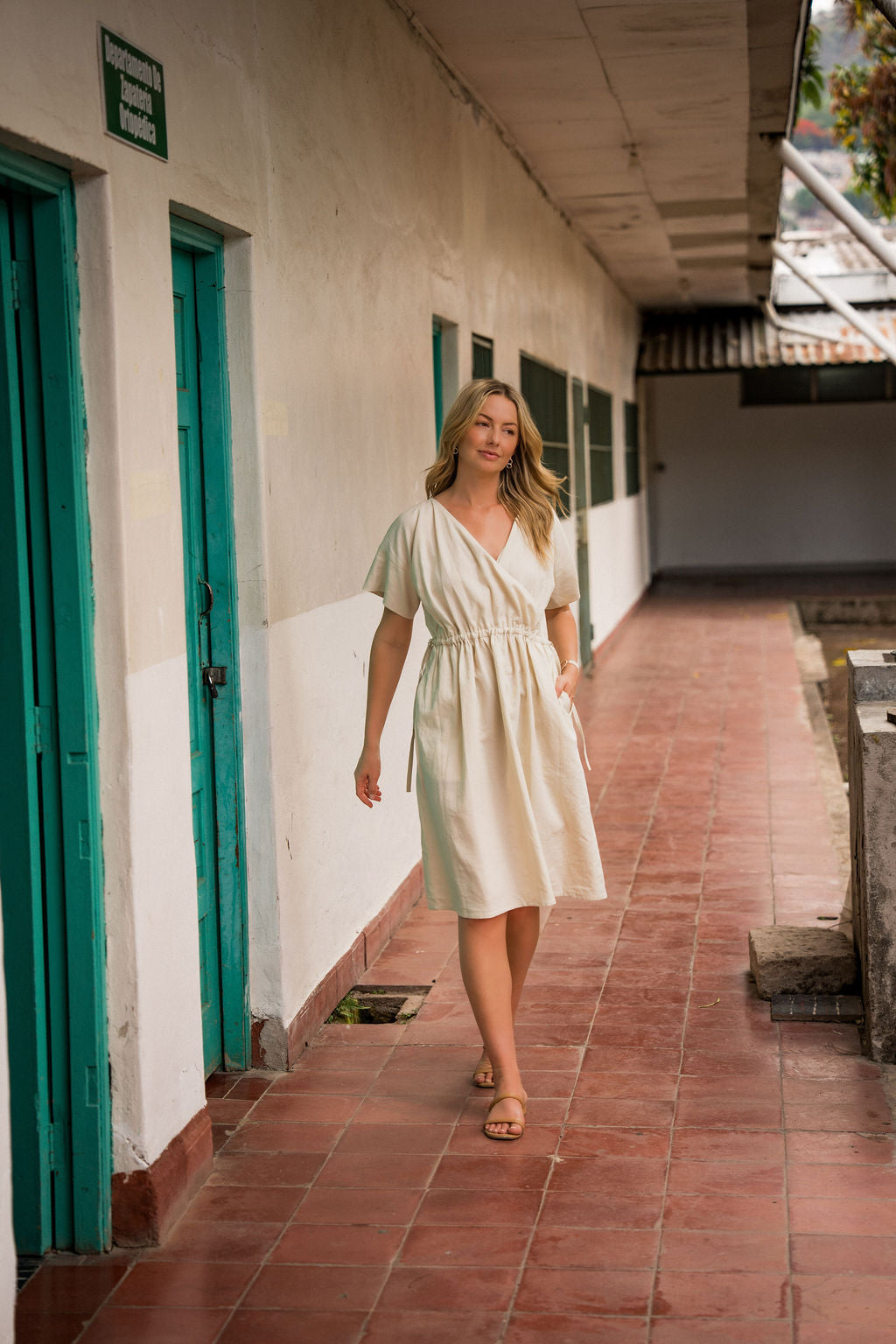 Rose Drawstring Dress in Cream Linen