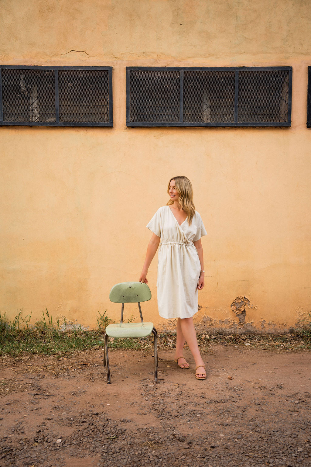 Rose Drawstring Dress in Cream Linen