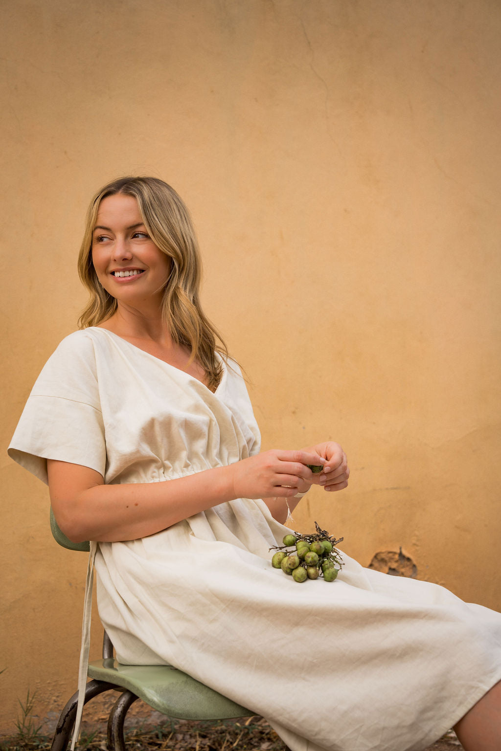 Rose Drawstring Dress in Cream Linen