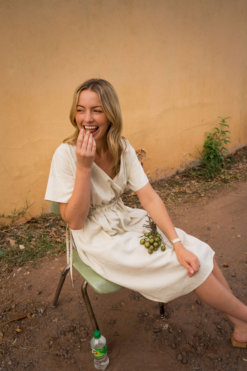 Rose Drawstring Dress in Cream Linen