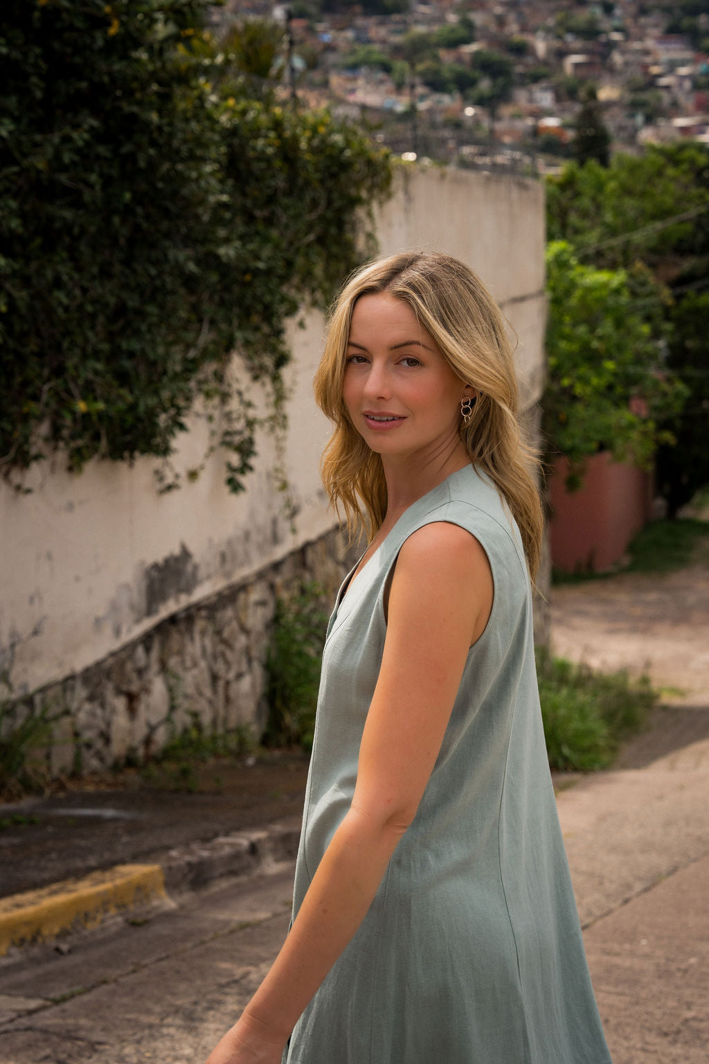 Marcy Midi Dress in Sage Linen
