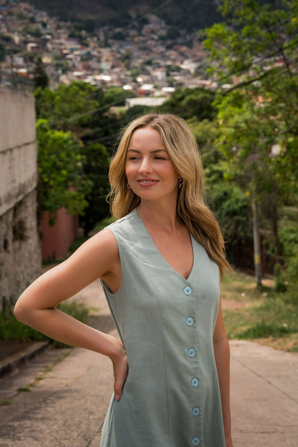 Marcy Midi Dress in Sage Linen