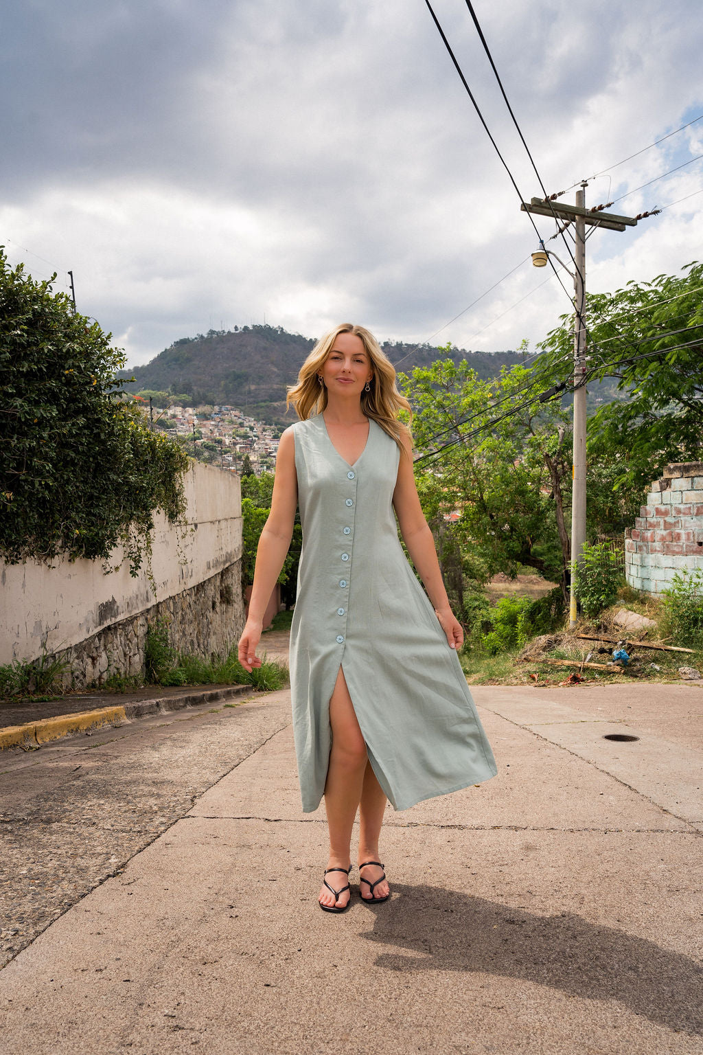 Marcy Midi Dress in Sage Linen
