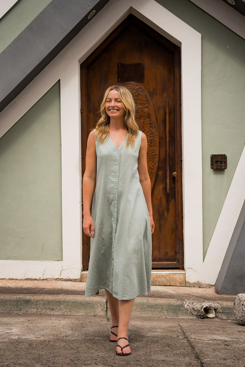 Marcy Midi Dress in Sage Linen