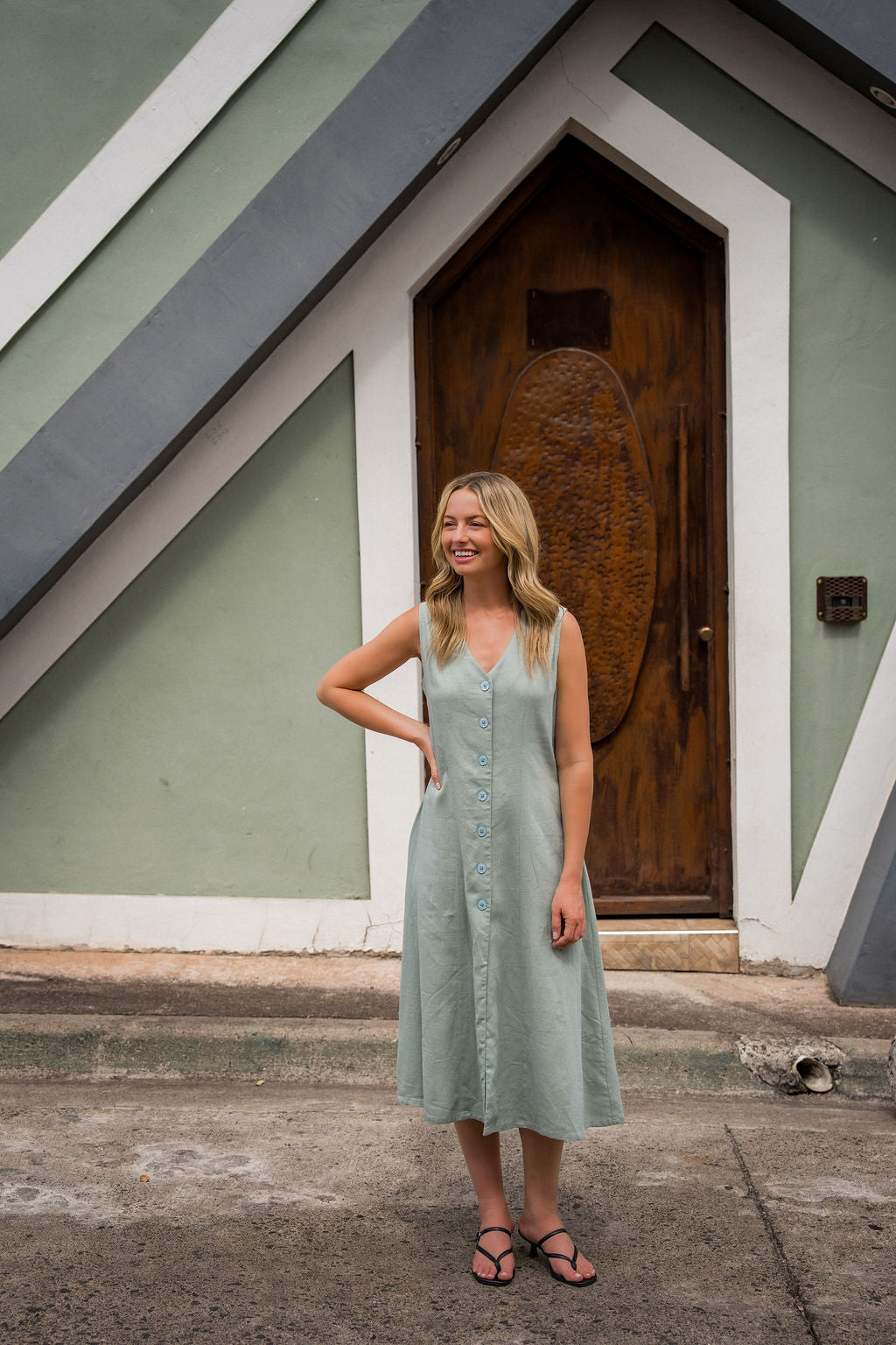 Marcy Midi Dress in Sage Linen