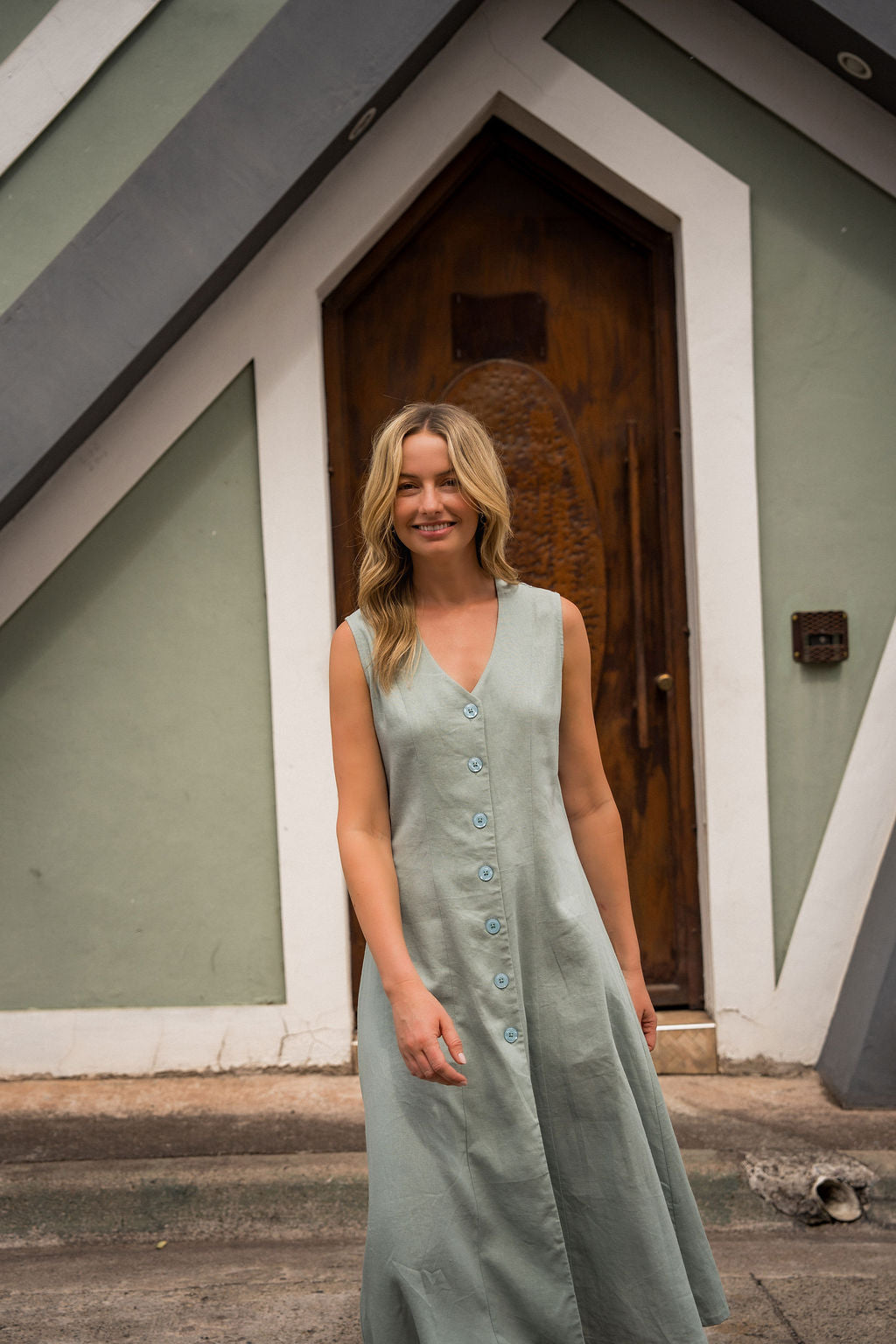 Marcy Midi Dress in Sage Linen