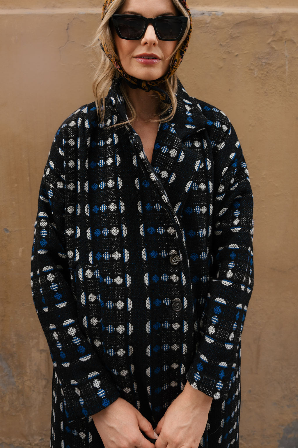 Portuguese Wool Polly Coat in Black and Cobalt Print Made to Order