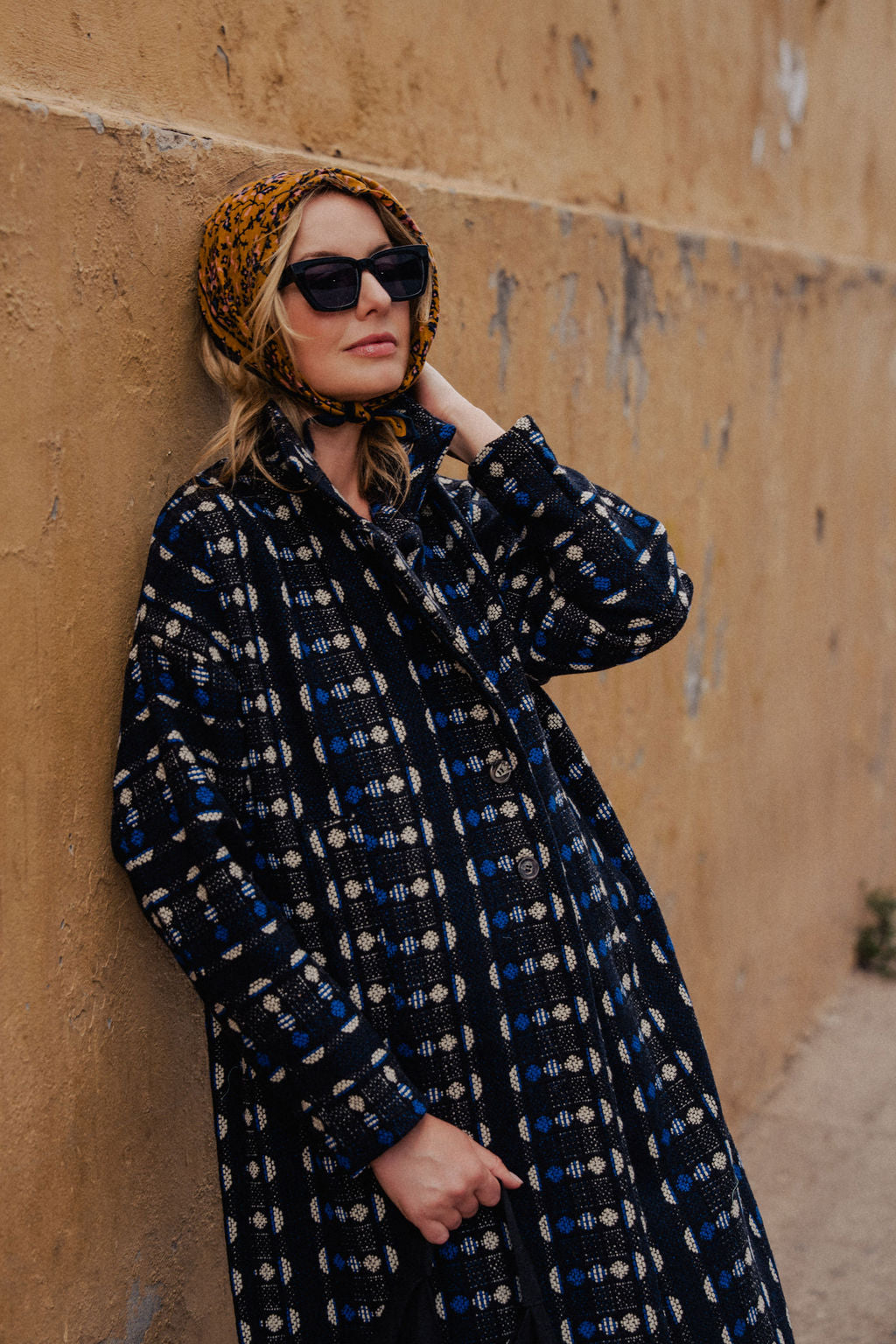 Portuguese Wool Polly Coat in Black and Cobalt Print Made to Order