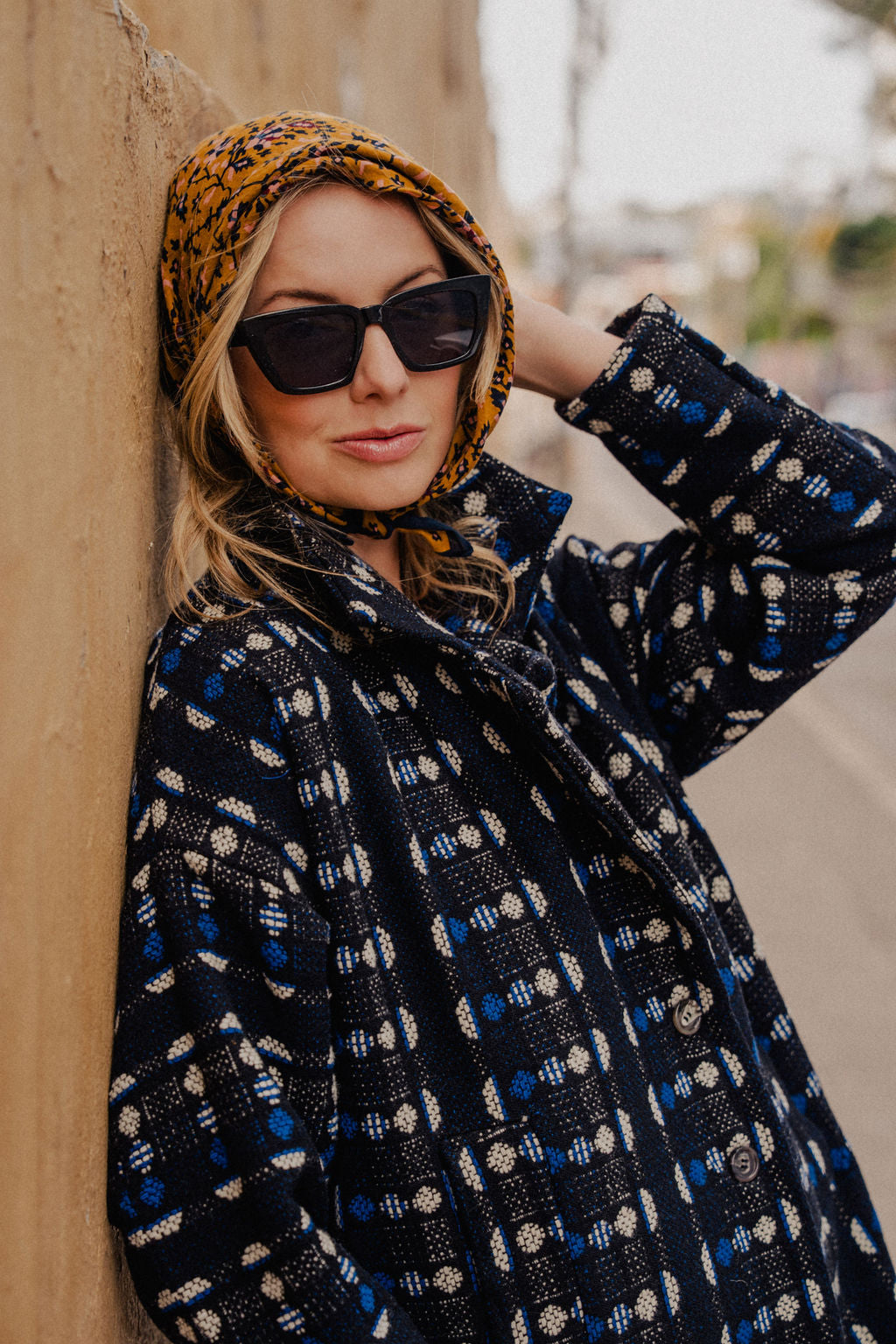 Portuguese Wool Polly Coat in Black and Cobalt Print Made to Order