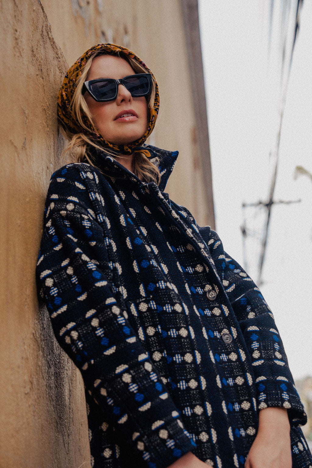 Portuguese Wool Polly Coat in Black and Cobalt Print Made to Order