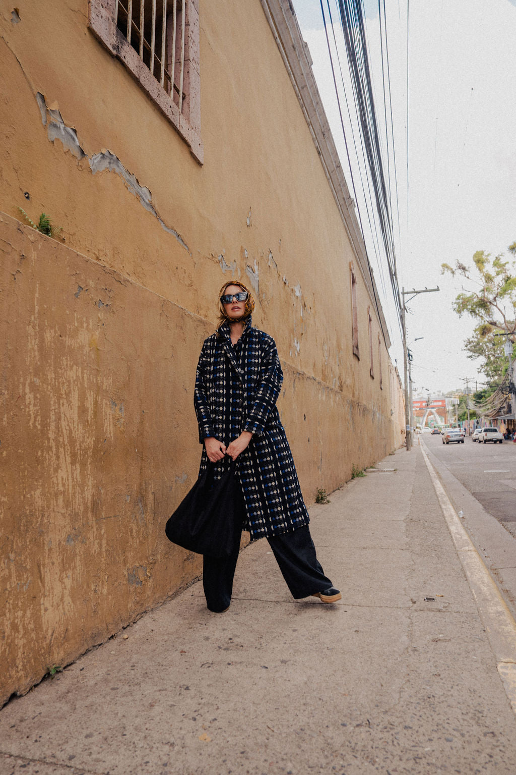 Portuguese Wool Polly Coat in Black and Cobalt Print Made to Order