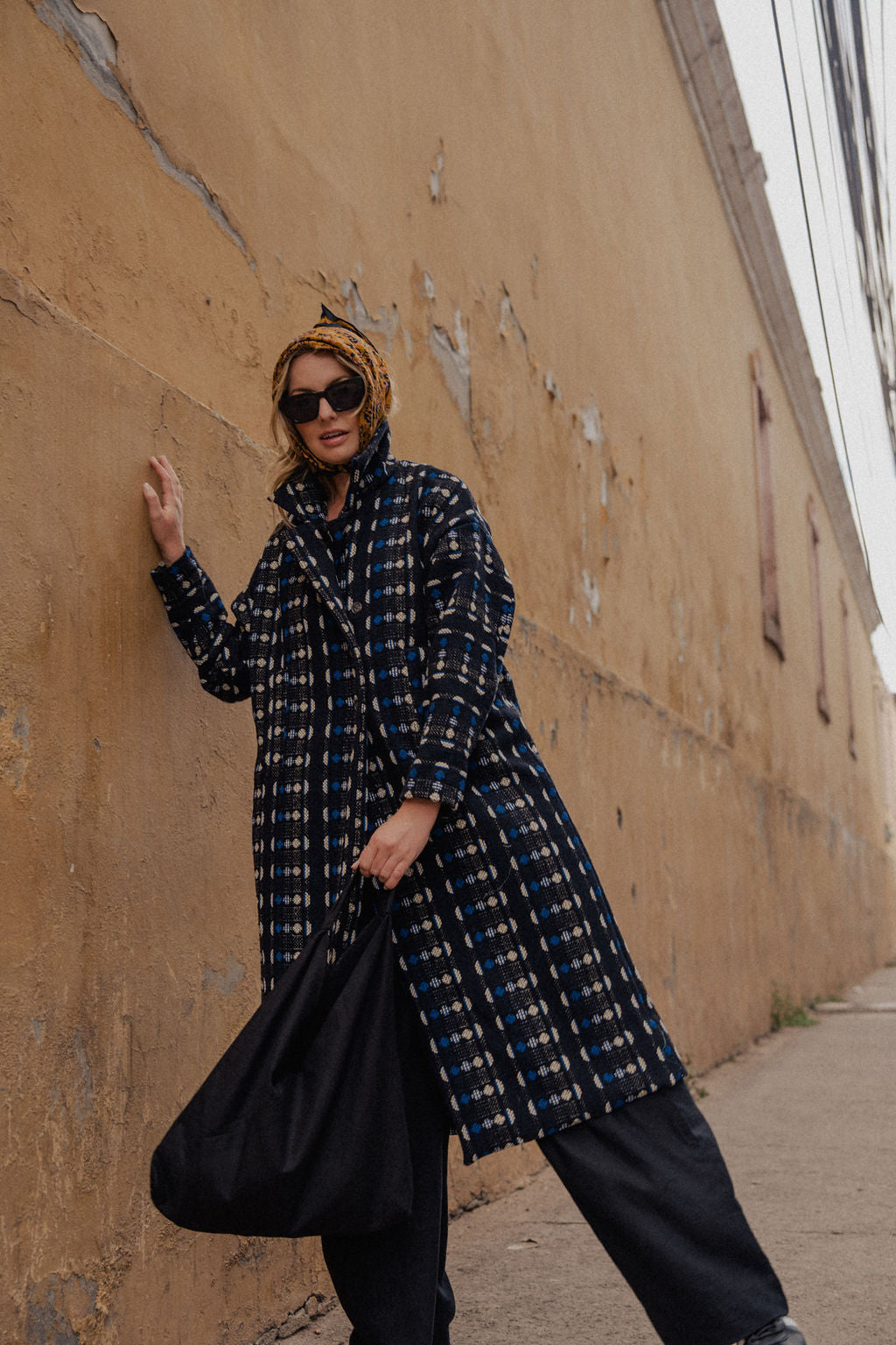 Portuguese Wool Polly Coat in Black and Cobalt Print Made to Order