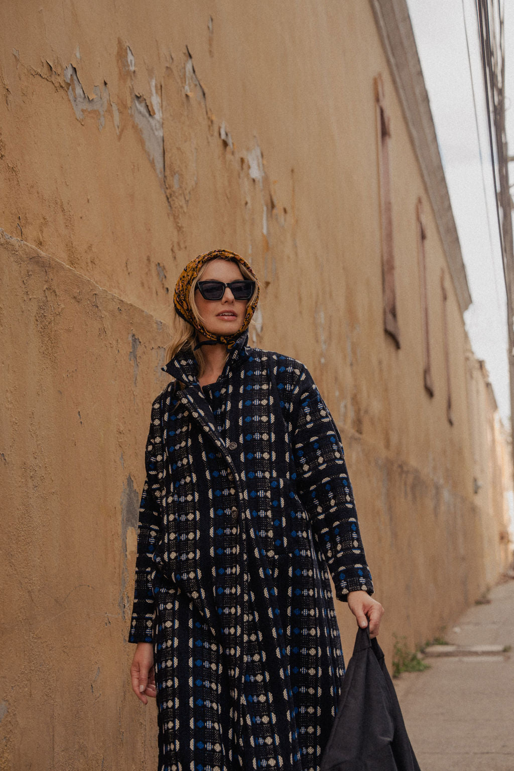 Portuguese Wool Polly Coat in Black and Cobalt Print Made to Order