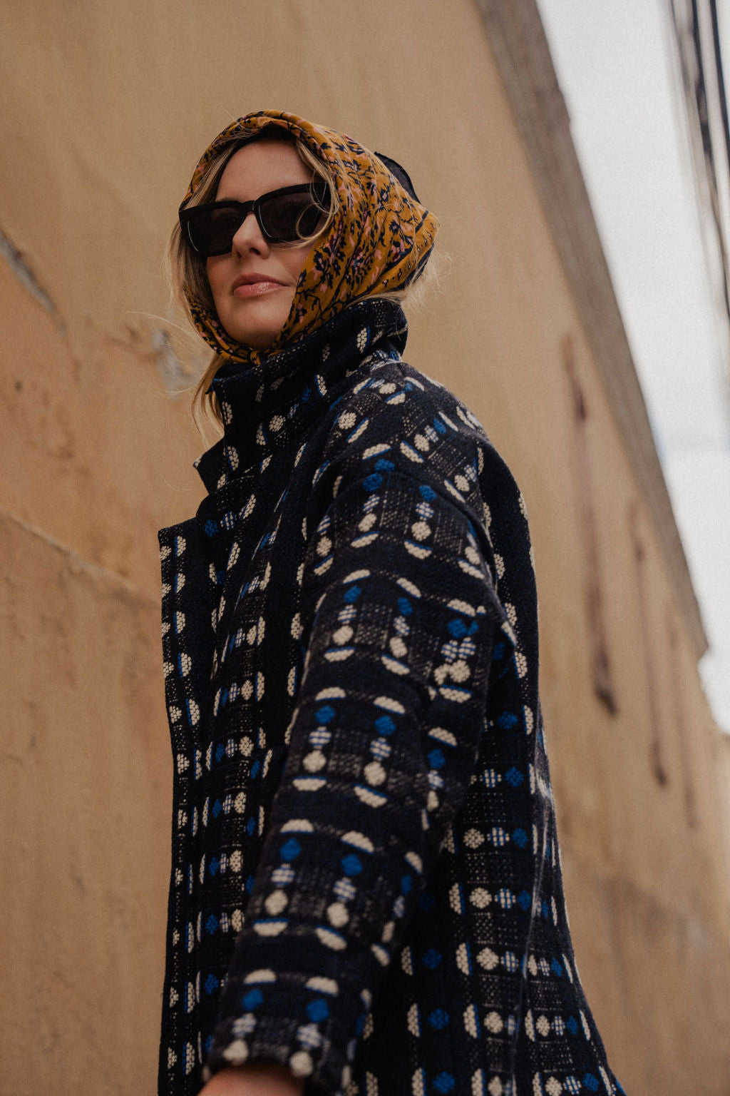 Portuguese Wool Polly Coat in Black and Cobalt Print Made to Order