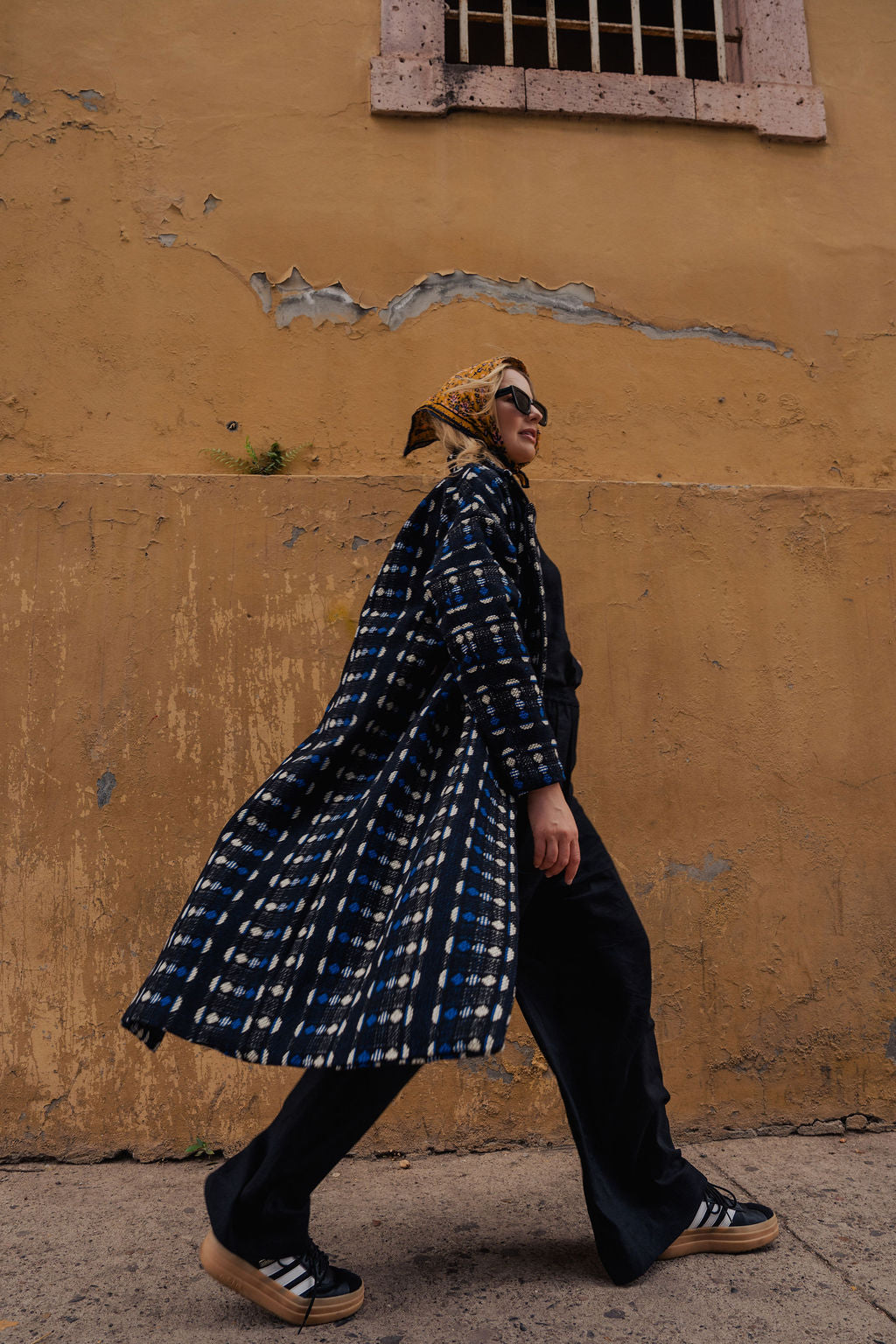 Portuguese Wool Polly Coat in Black and Cobalt Print Made to Order