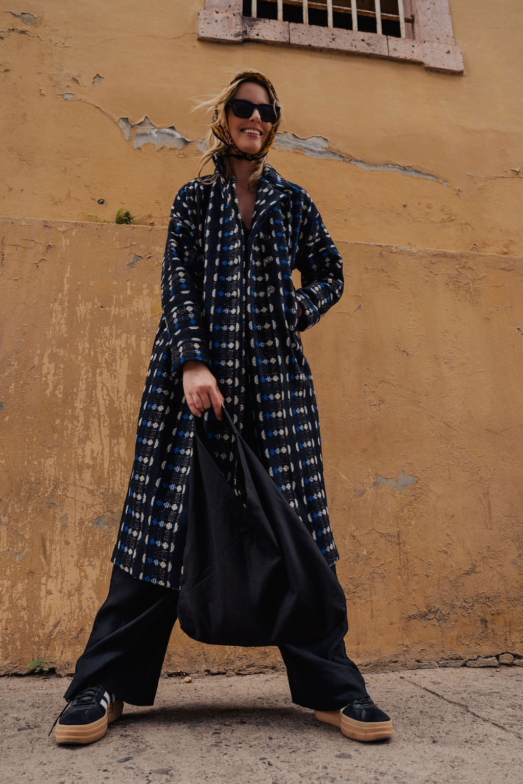 Portuguese Wool Polly Coat in Black and Cobalt Print Made to Order