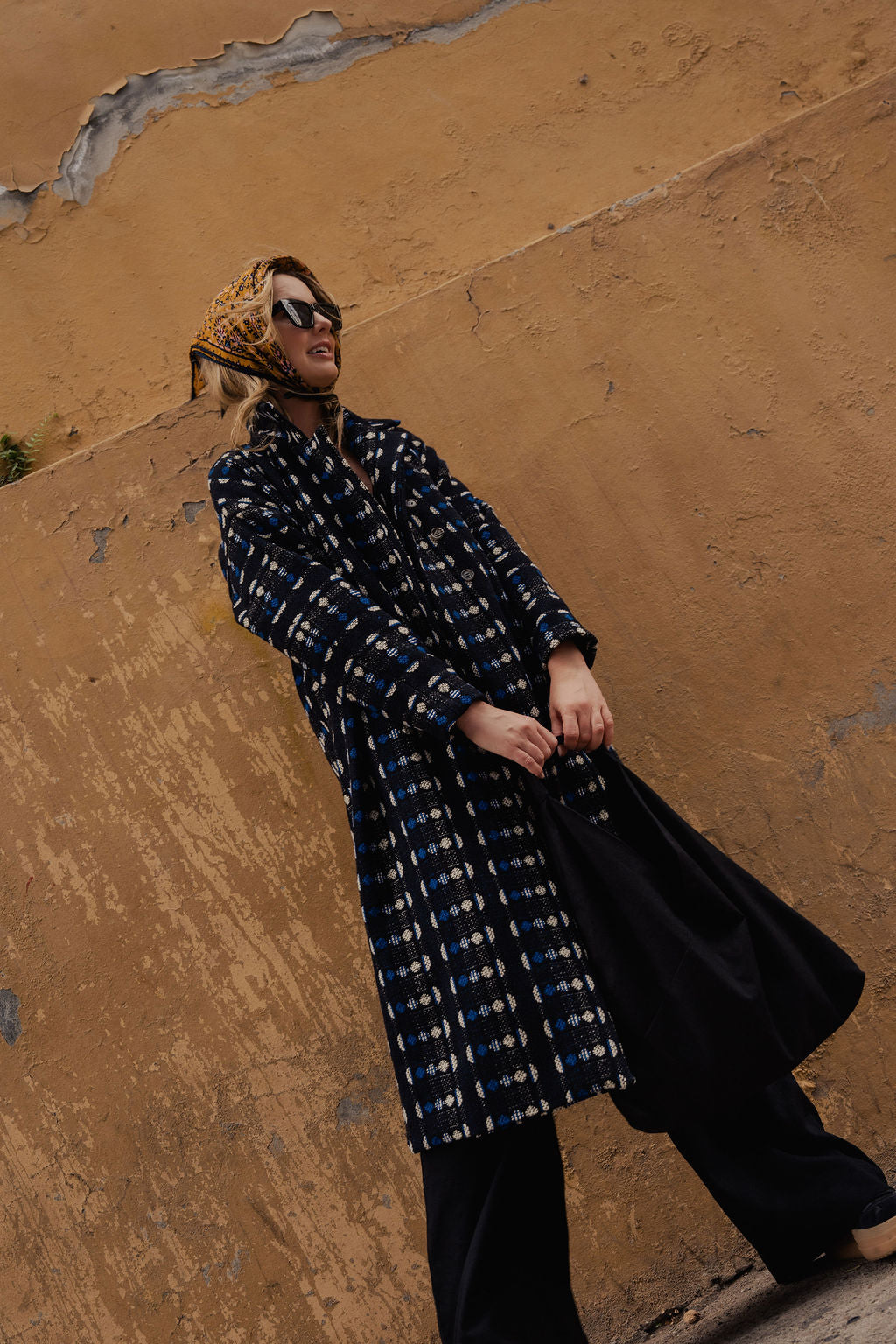 Portuguese Wool Polly Coat in Black and Cobalt Print Made to Order