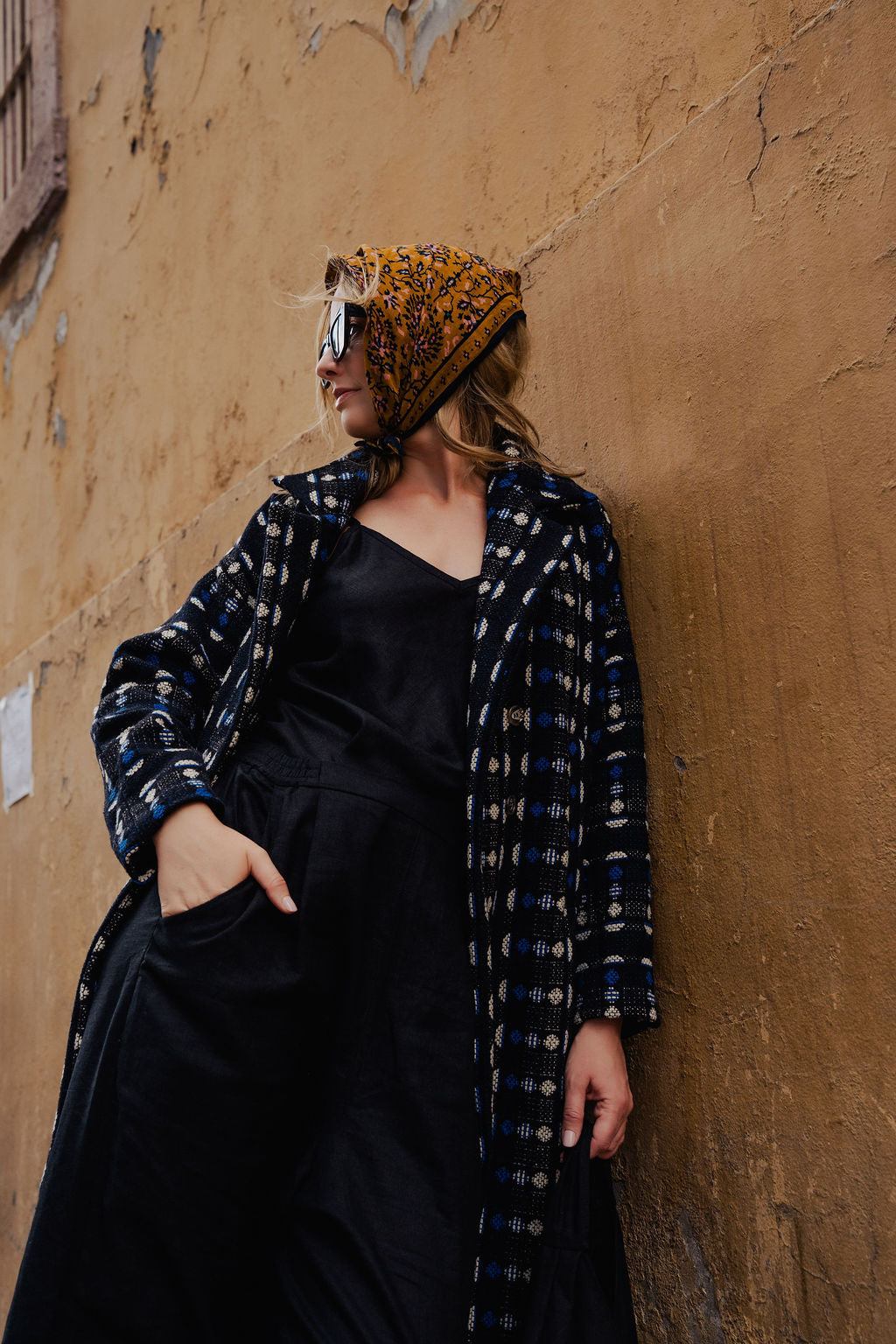 Portuguese Wool Polly Coat in Black and Cobalt Print Made to Order