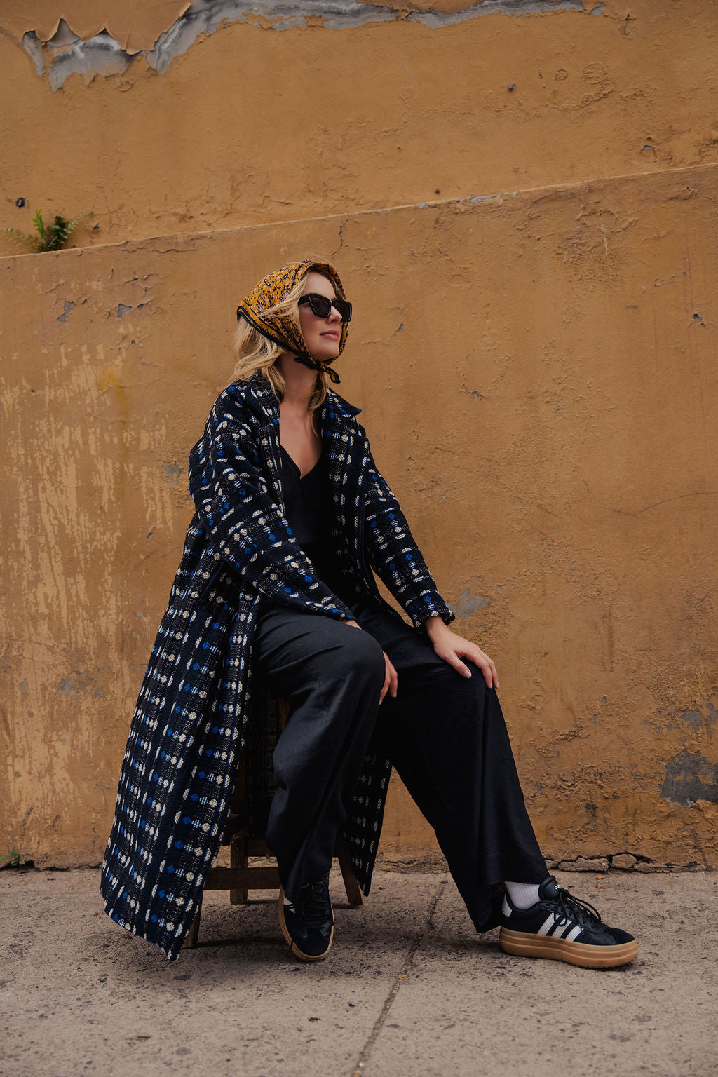 Portuguese Wool Polly Coat in Black and Cobalt Print Made to Order