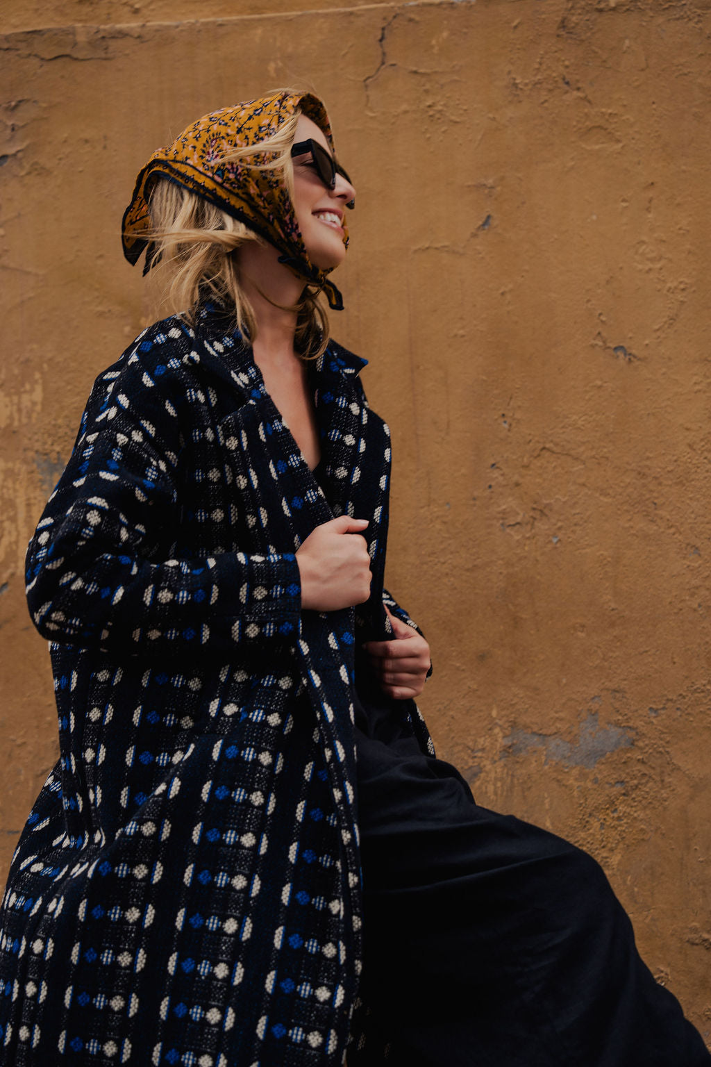 Portuguese Wool Polly Coat in Black and Cobalt Print Made to Order