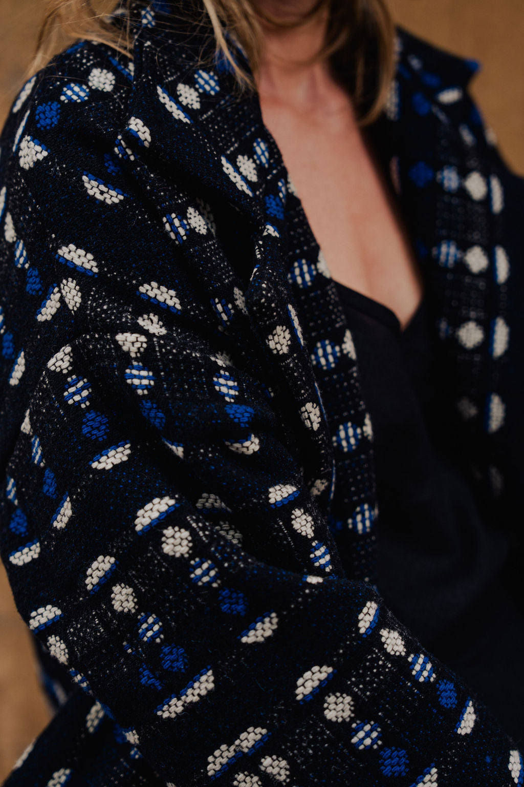 Portuguese Wool Polly Coat in Black and Cobalt Print Made to Order