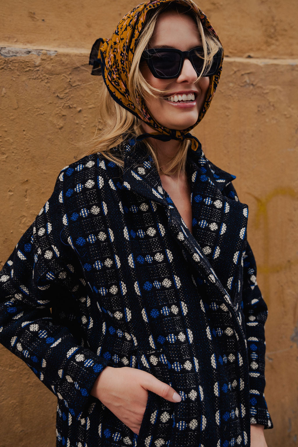 Portuguese Wool Polly Coat in Black and Cobalt Print Made to Order