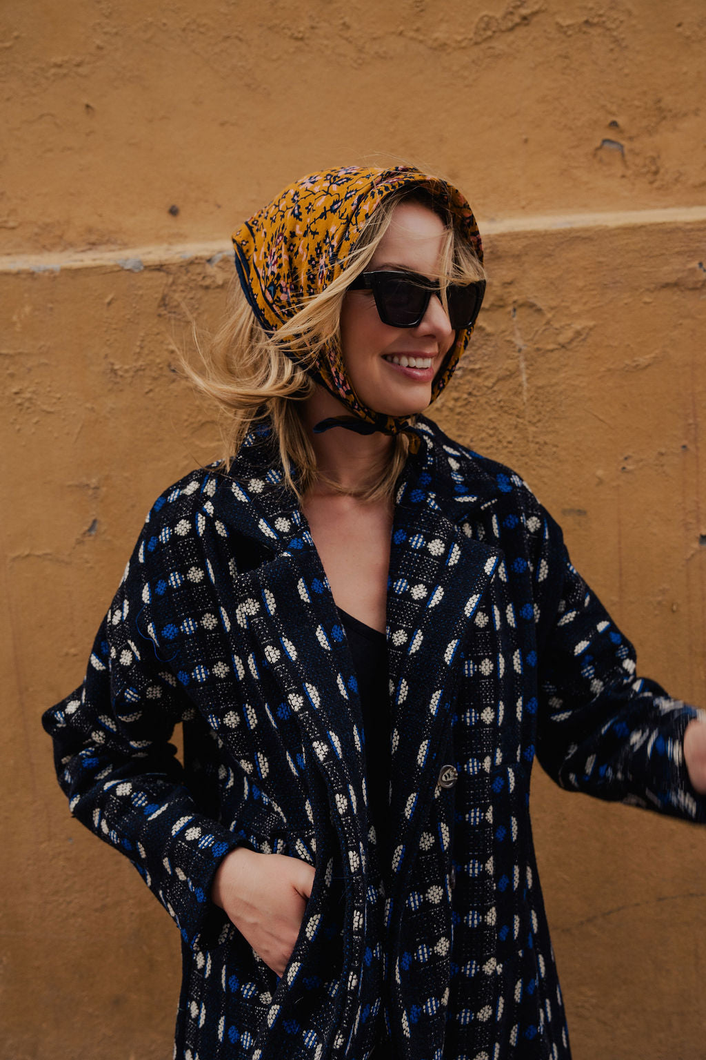 Portuguese Wool Polly Coat in Black and Cobalt Print Made to Order