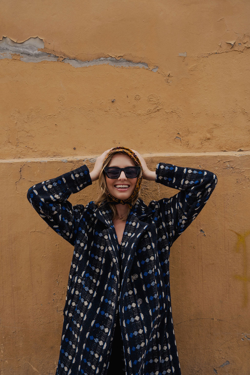 Portuguese Wool Polly Coat in Black and Cobalt Print Made to Order