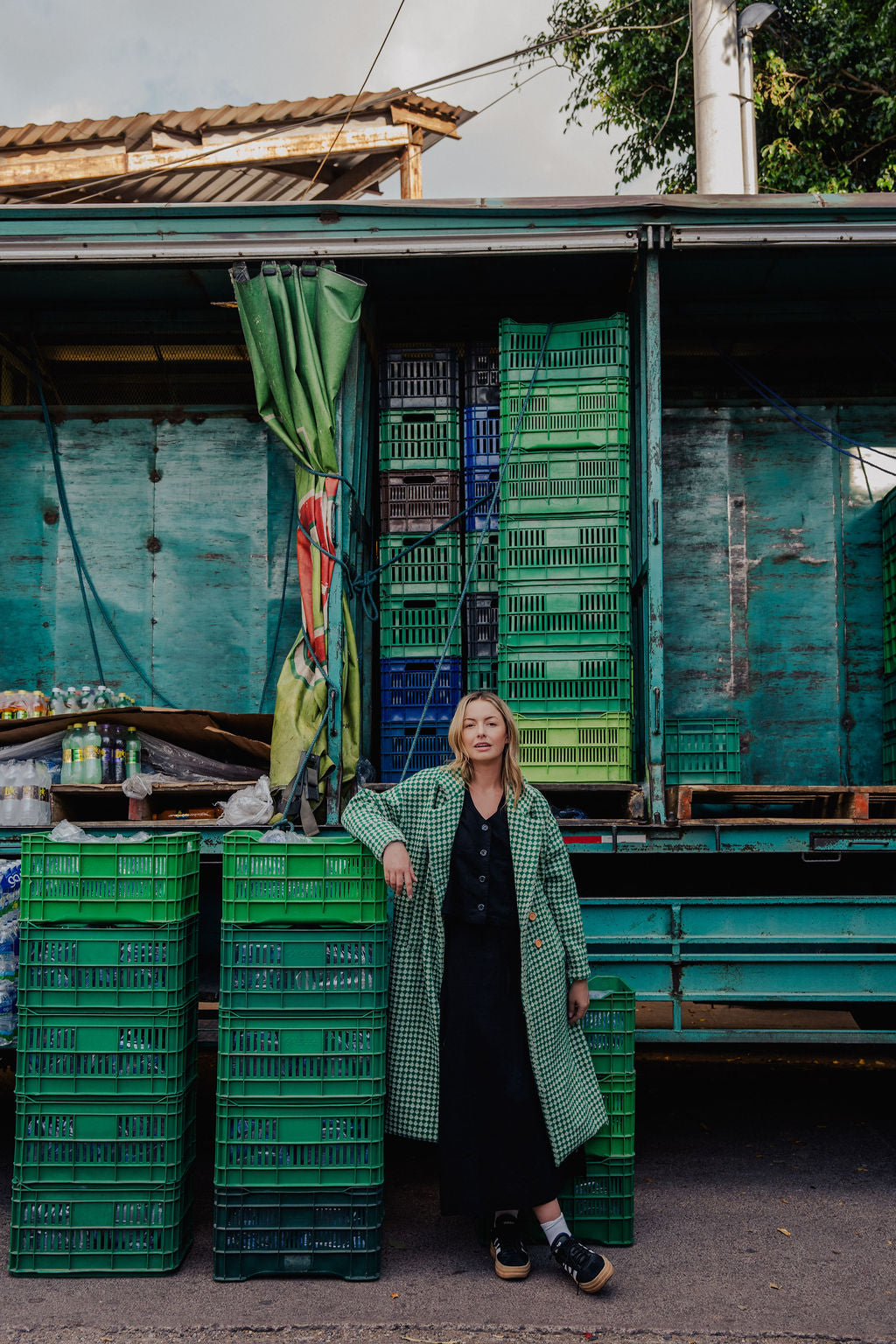 Portuguese Wool Polly Coat in Green and White Check Made to Order