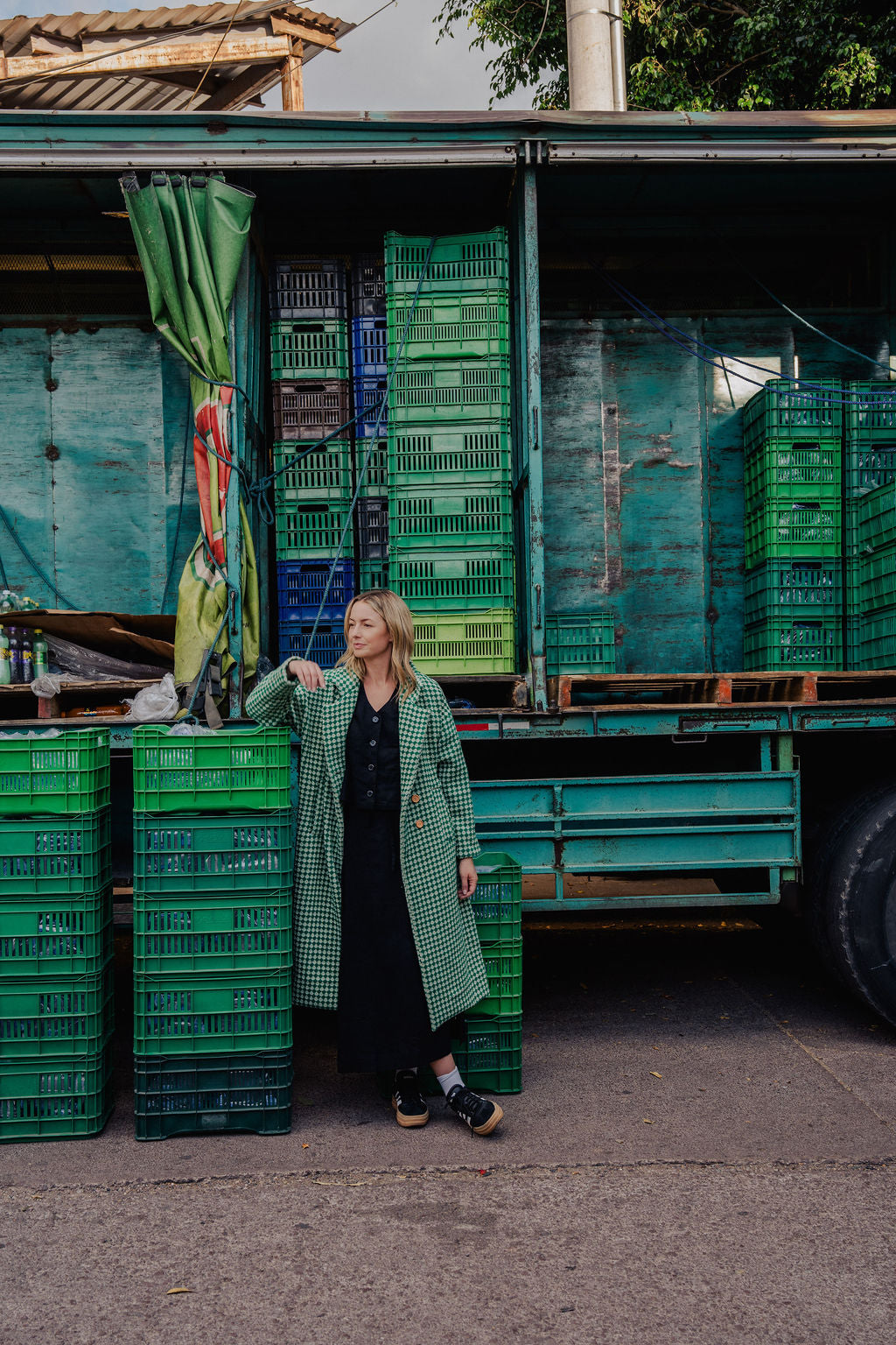 Portuguese Wool Polly Coat in Green and White Check Made to Order