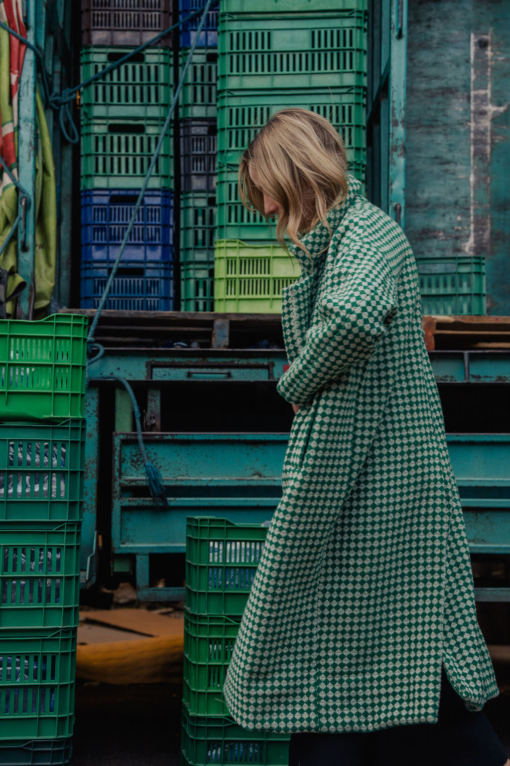 Portuguese Wool Polly Coat in Green and White Check Made to Order