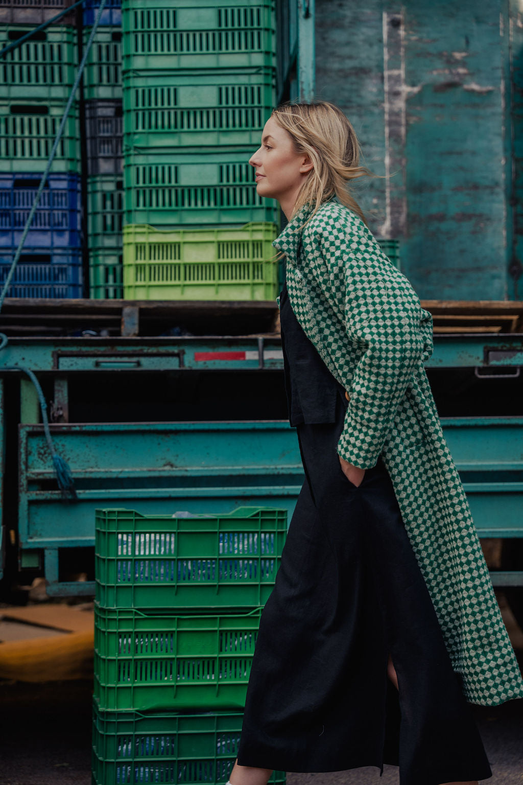 Portuguese Wool Polly Coat in Green and White Check Made to Order