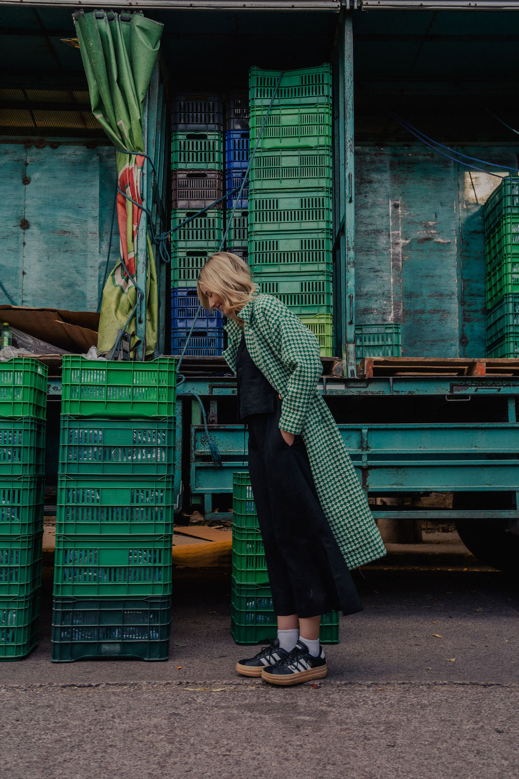 Portuguese Wool Polly Coat in Green and White Check Made to Order