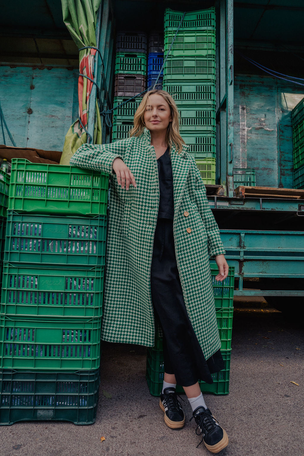 Portuguese Wool Polly Coat in Green and White Check Made to Order