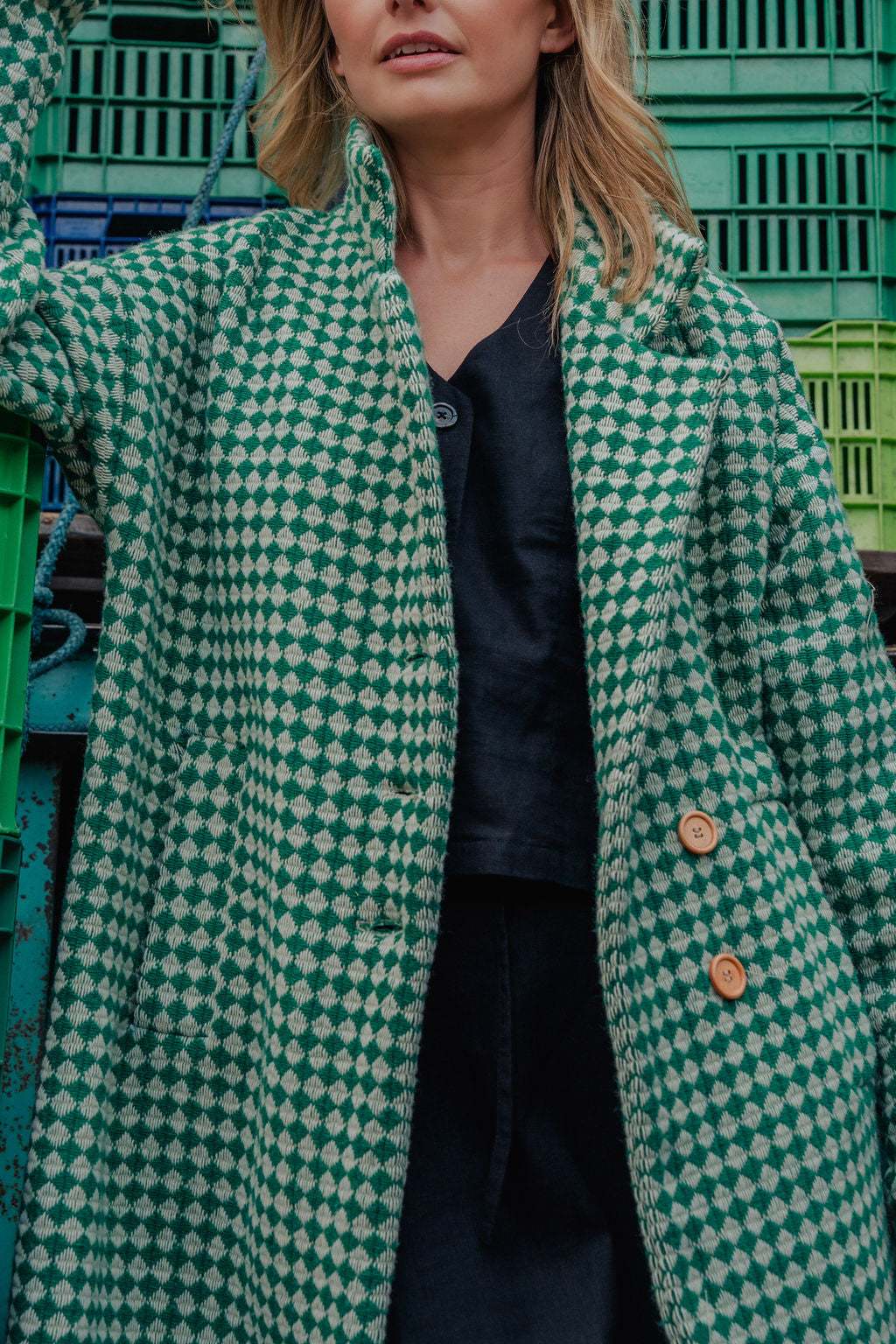 Portuguese Wool Polly Coat in Green and White Check Made to Order