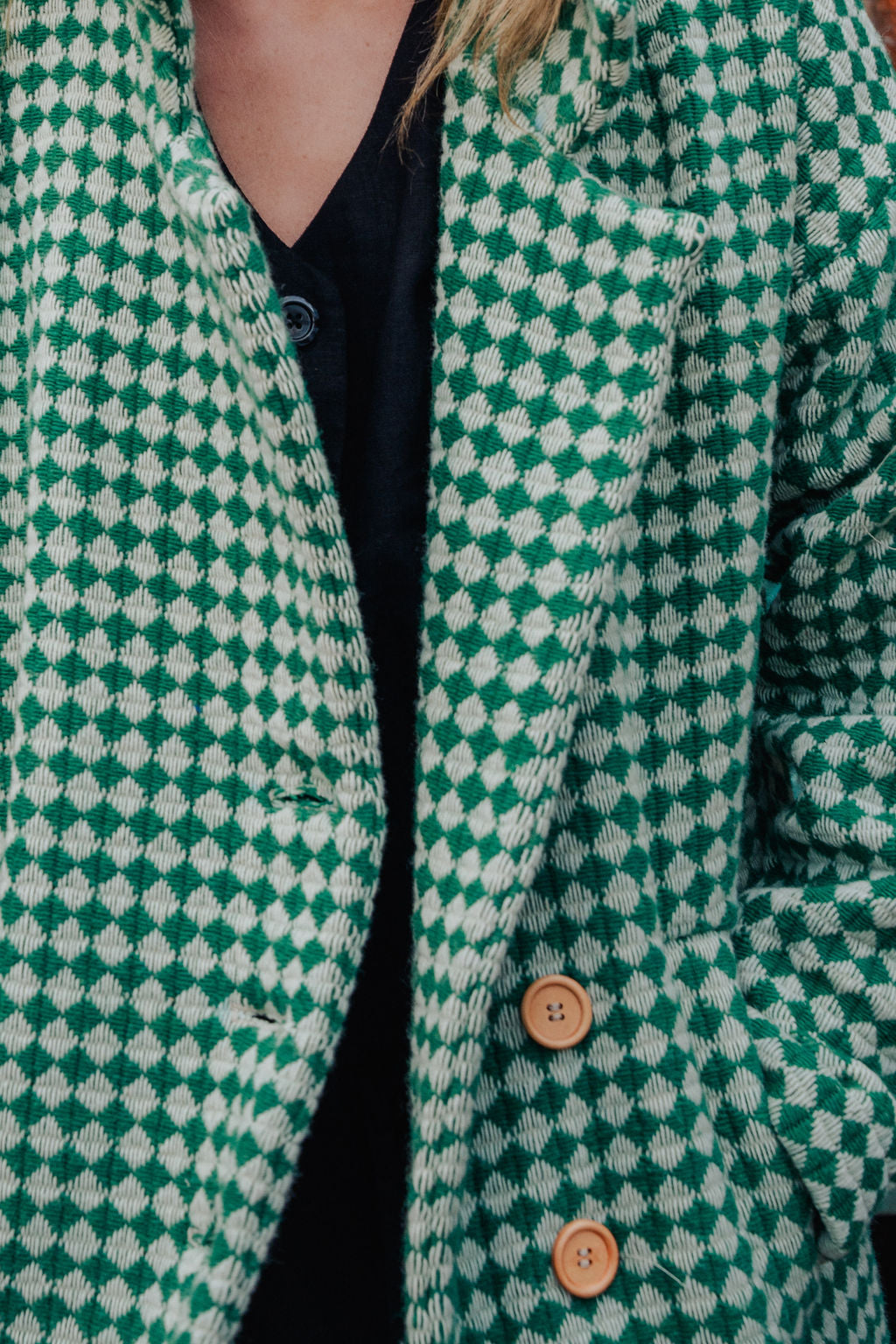 Portuguese Wool Polly Coat in Green and White Check Made to Order