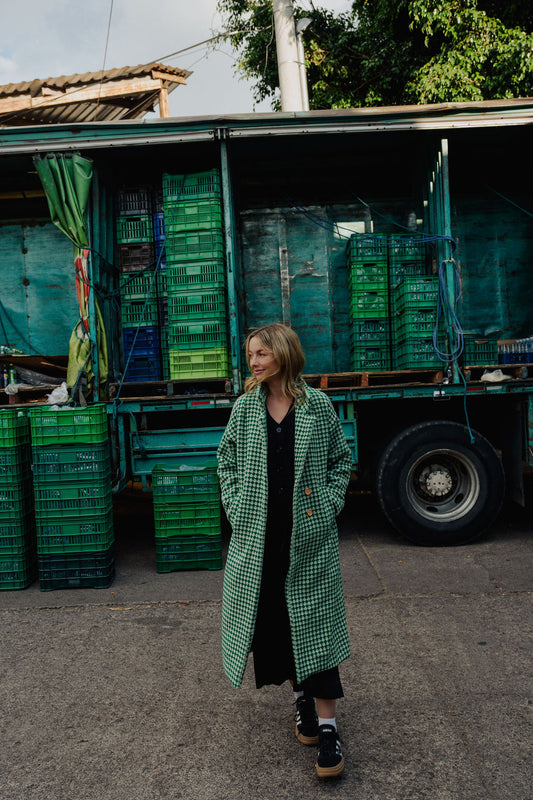 Portuguese Wool Polly Coat in Green and White Check