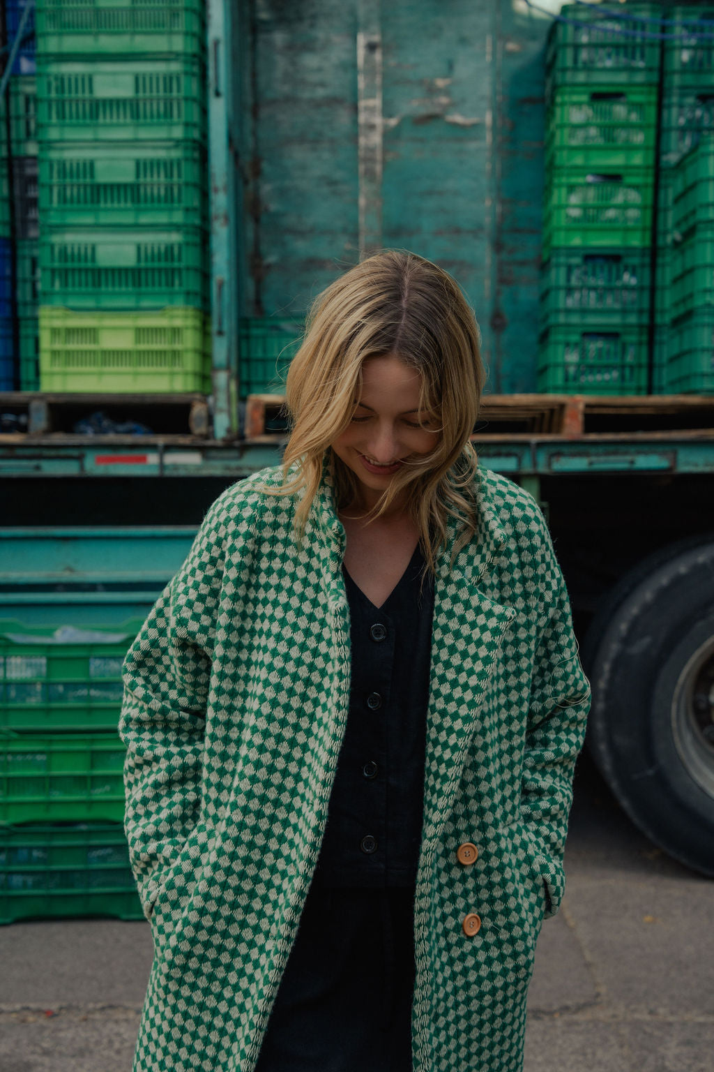 Portuguese Wool Polly Coat in Green and White Check Made to Order