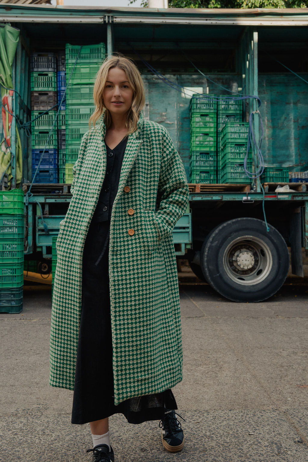 Portuguese Wool Polly Coat in Green and White Check Made to Order
